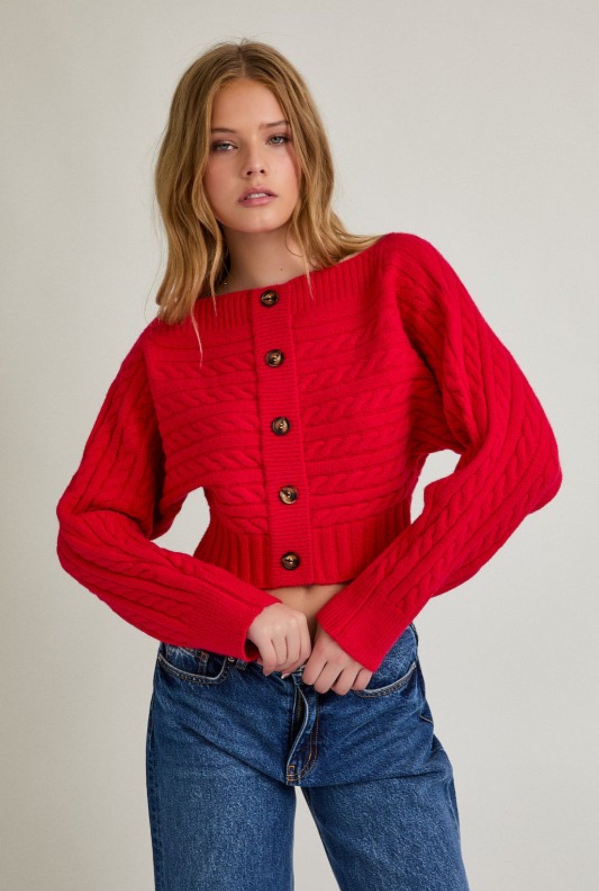 Red knitted button cardigan