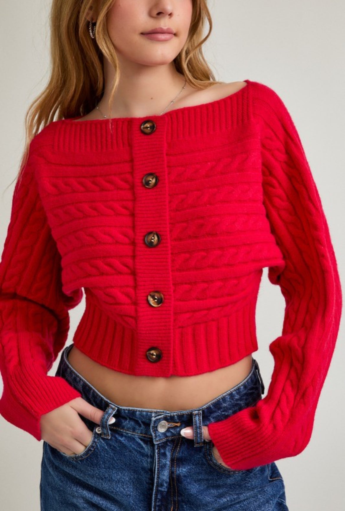 Red knitted button cardigan