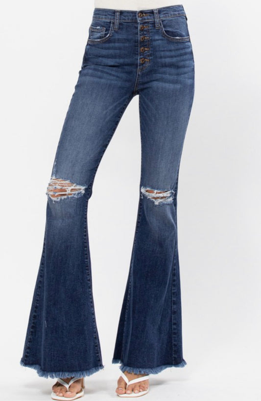 High Rise 5-Button Fly Flare jeans with Fram hem