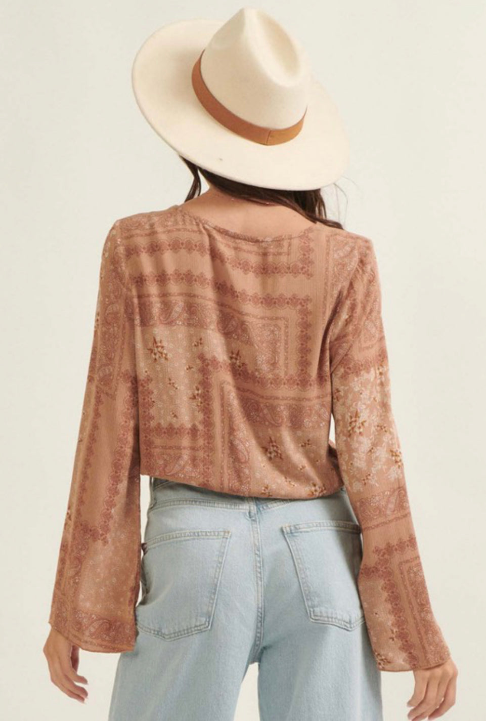 PATCH PRINT FLARED LONG SLEEVE WOVEN TOP